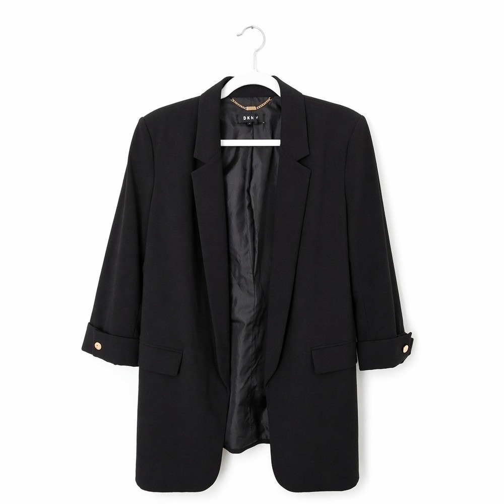 DKNY Blazer Women 6 Black Open Front Longline Cuffed Sleeve Gold Hardware